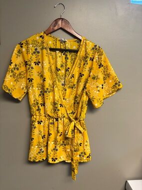 Sienna Sky Yellow Floral Peplum Wrap Tie-Waist Blouse